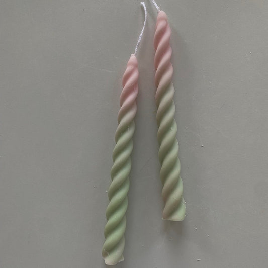 Ombre pink and green twirl candle pair